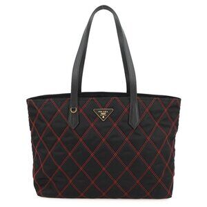 Prada Tote Logo Quilted Nylon Saffiano Leather Black